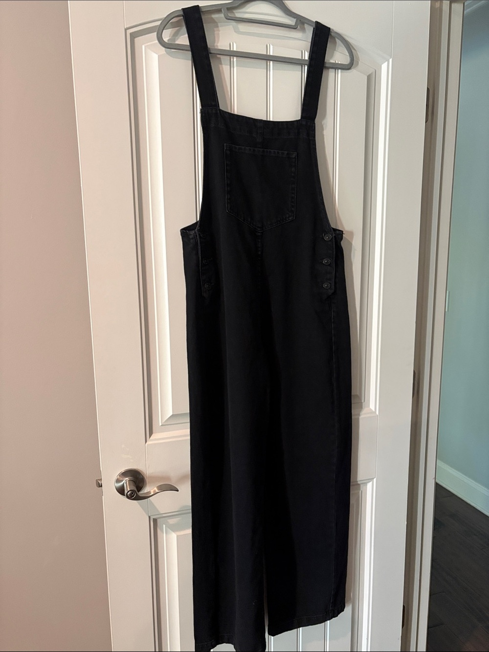 Free People Black Denim Overalls with Wide Straight Leg